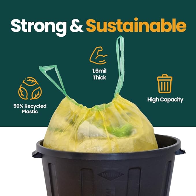 13 Gallon Trash Bags with Drawstrings, 40 Bags Made from 50% Recycled Plastic, Code K Leakproof and Tear-Resistant, Tall Kitchen Garbage Bags for Home and Office