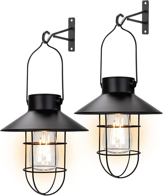 pearlstar Solar Lanterns Outdoor Metal Solar Powered Hanging Lights Waterproof for Wall Barn Yard Garden Patio Garage Balcony Porch Fence Decor, Warm White Edison Bulb (Black-2pack)