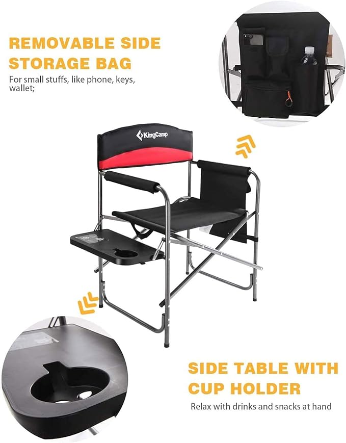 KingCamp Heavy Duty Camping Director Chair, Folding with Side Table & Storage, Red