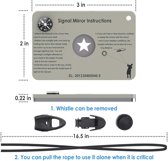 Signal Mirror 2 x 3 Inch, Military Grade Survival Mirror, 3 in 1 Hiking Camping Mirror with Compass and Whistle for Outdoor Adventure Emergency SOS Small Mirror