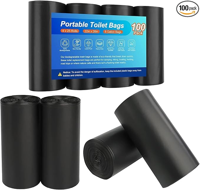 100 Portable Camping Toilet Bags, Biodegradable Porta Potty Bucket Toilet Bags, 8 Gallon Compostable Thickened Trash Garbage Bags