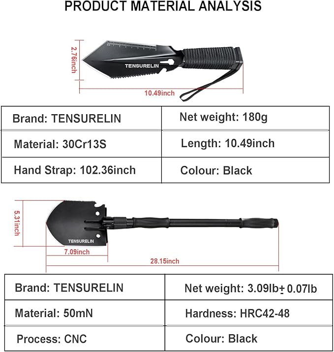 TENSURELING Survival Shovel, Folding Camping Shovel, High Carbon Steel Military Tactical Trench Spade with Pickaxe, Multitool Entrenching Tool for Off Road, Gardening, Metal-Detecting, Digging