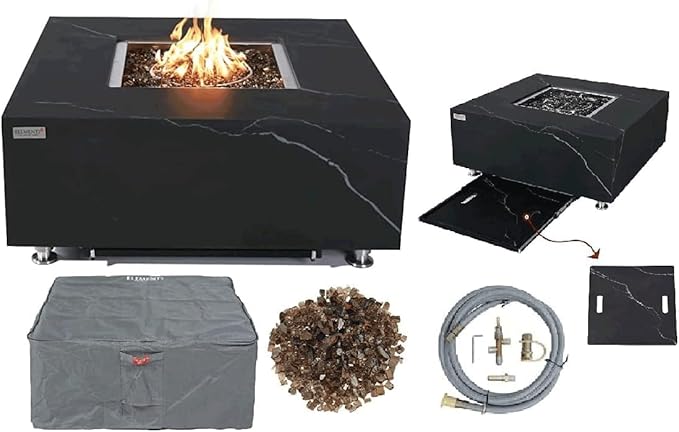 Elementi+ | Bianco Gas Fire Pit | Marble Porcelain & Metal Frame | 40" Square Fire Table | Electronic Ignition | Canvas Cover, Fire Glass & Burner Lid Included | White | Propane Gas