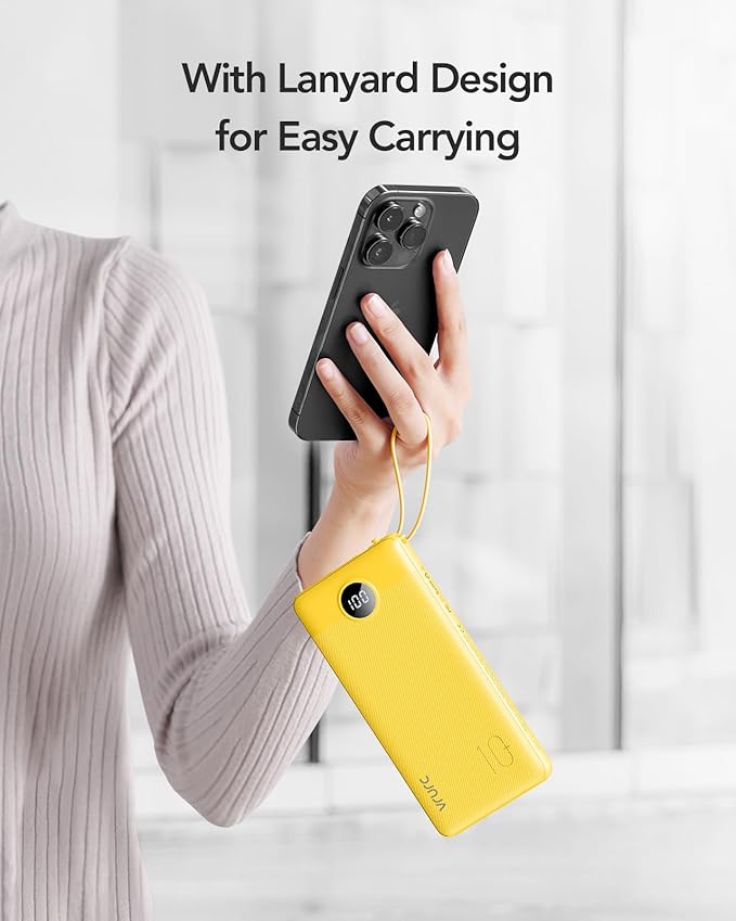 VRURC Portable Charger with Built-in Cables, 10000mAh LED Display USB C Power Bank, Slim Travel Battery Pack with 5 Output 2 Input Compatible with iPhone,Samsung,Android etc-Yellow(1 Pack)