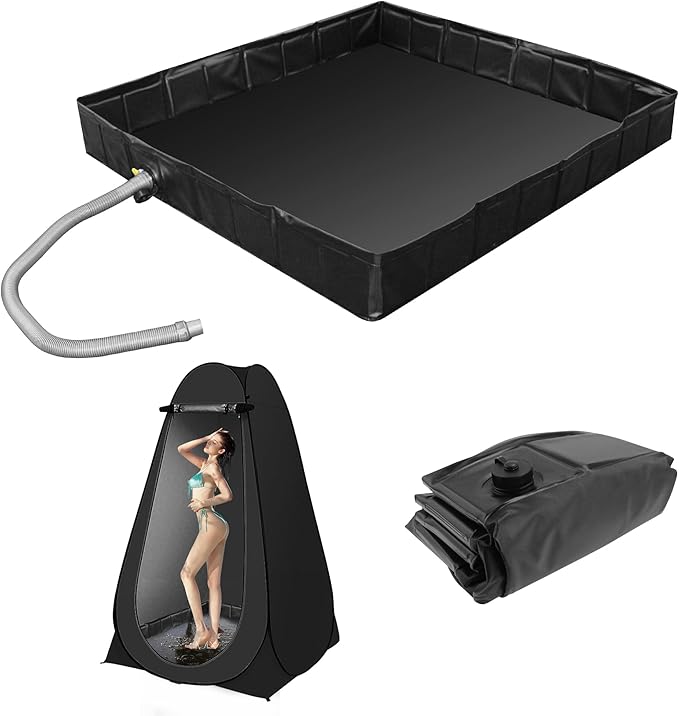 41"x41"x5" Portable Shower Pan Camping Shower Base Collapsible Temporary Shower Stall with Drain Hose Durable Foldable Basin for RV Outdoor Bathing Pets Tent Indoor Outdoor Use