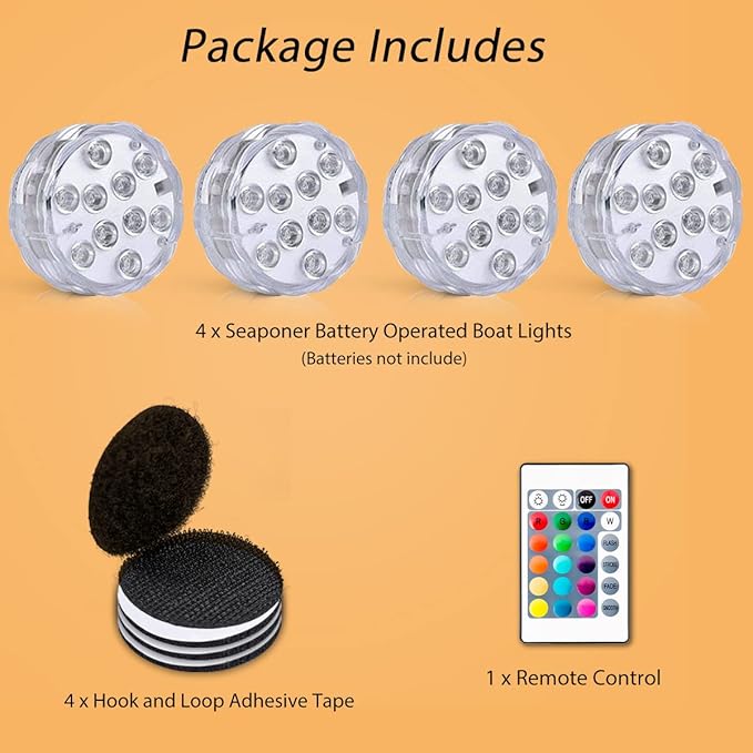 Boat Lights Wireless Battery Operated, Waterproof Marine Led Light for Deck Courtesy Interior Lights, Fishing Kayak Duck Jon Bass Boat, RGB Multi Color Remote Controlled, 4pcs