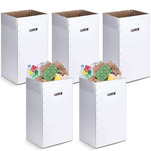 Tioncy 5 Pcs Cardboard Trash Cans Disposable and Reusable Corrugated Cardboard Trash Cans Recycling Bins Bulk with 10 Garbage Bags White Garbage Boxes for Parties Events(30 Gallon)