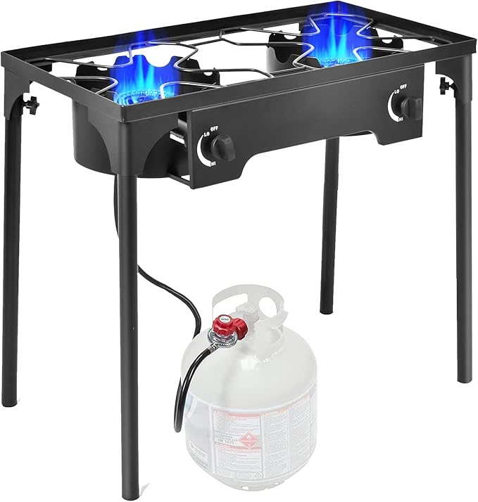 Goplus Outdoor Camping Stove, Dual Burner Propane Gas Cooker w/Detachable Legs & 0-20 PSI Regulator & CSA Approval for Camp Patio RV, Cast Iron, 150,000-BTU