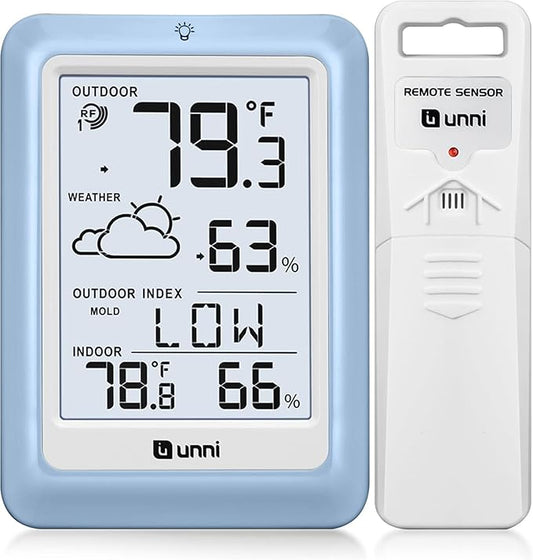 Indoor Outdoor Thermometer Wireless Weather Station, Temperature Humidity Monitor Battery Powered with 330ft Range Remote Sensor and Backlight Display（Light Blue）