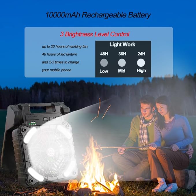 Solar Powered Camping Fan with LED Lantern,10000mAh Rechargeable Battery Operated Portable Fan,4 Speeds/Timer/Power Bank 90° Folding USB Personal Desk Fan (Black&Orange)
