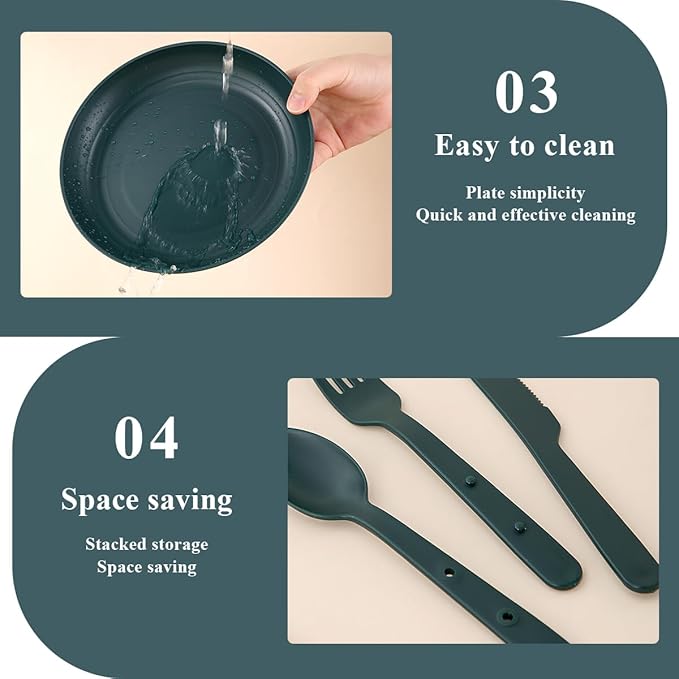 Camping Mess Kit for 4 with Bowl, Plate, Cup, Spoon, Fork, Knife and Carry Bag, Plastic Camping Accessories Essentials Gear for Travel, Picnic, Outdoor, Easy to Carry & Store