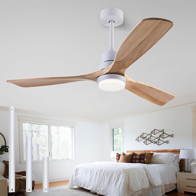 48" Wooden Ceiling Fan with Lighted Remote Control, Indoor/Outdoor Modern Fan with 3 Blades for Patio, Living Room, Farmhouse, etc (White + Wood Color)