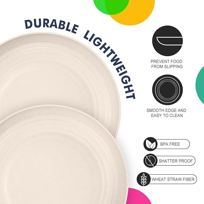 Homienly Wheat Straw Plates 8 PCS Unbreakable Dinner Plates - 10 inch Dishwasher & Microwave Safe Plastic Plates Reusable Lightweight Roud Plates, Plates for Kitchen, Dinner, Outdoor,Picnic (Beige)