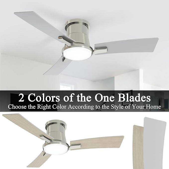 42 Inch Ceiling Fans with Lights and Remote,Brushed Nickel Low Profile Ceiling Fan with Light,Reversible,Flush Mount,6 Speeds,3CCT Dimmable,for Bedroom,Living Room,Indoor Patio