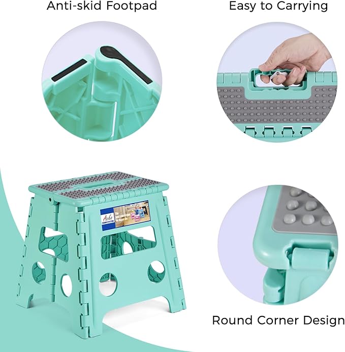 ACKO Folding Step Stool 13 Inch Stool Heavy Duty Plastic Foldable Step Stools for Kids, Stepping Stool with Handle, Folding Stool Suitable for Kitchen Hold Up to 300 LB (Teal 1PC)