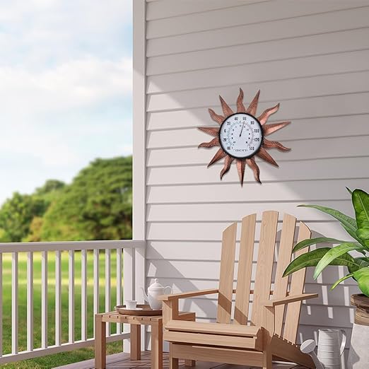 VEWOGITF 14" Sun Outdoor Thermometer, Retro Indoor Wall Thermometer No Need Battery, Metal Thermomter for Patio Garden Living Room Decor