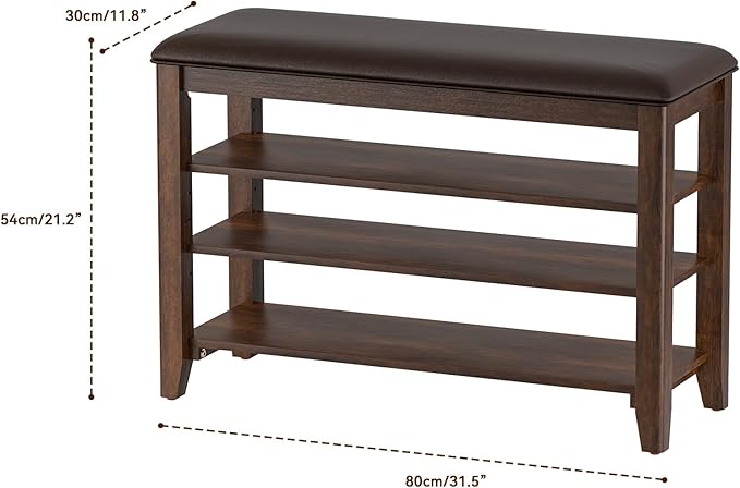 Entryway Shoe Storage Bench with Leather Cushion, Shoe Organizer Bench for Entryway, Ideal for Hallways Front Doors Entrances Mudrooms Featuring Rubberwood And 3 Height-Adjustable and Removable Shelve