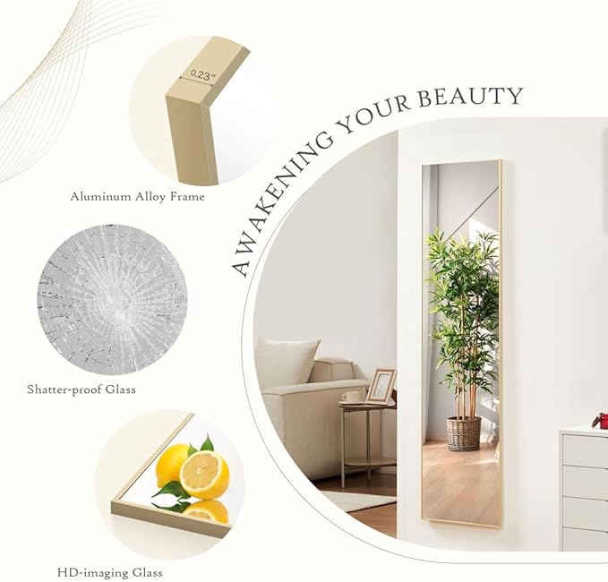 Full Length Mirror, 59"x 16" Floor Mirror with Aluminum Alloy Thin Frame, Full Body Mirror Hanging or Leaning for Wall Bedroom Dressing Home Decor, Gold
