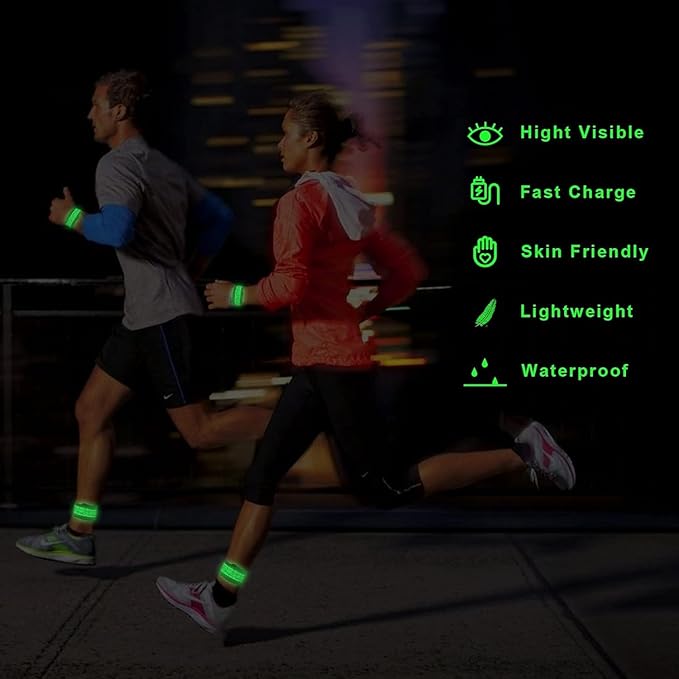LED Safety Wristband Lights - Rechargeable Light Up Arm Ankle Band Kids Magic Slap Glow Bracelets Reflective Belt High Visibility for Night Cycling Walking Joggers Running Gear