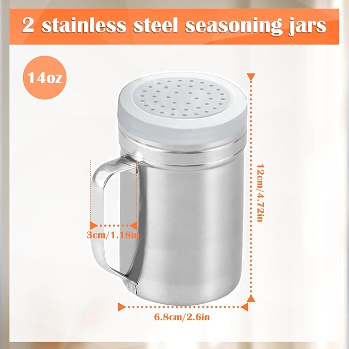 2Pcs Metal Salt Pepper Dredge Shakers, Stainless Steel Pepper Shaker Seasoning Jar With Handle, With Hole And Cover, Suitable For Pepper, Cinnamon And Coffee Spice Jars (Large-14OZ)