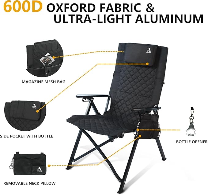 Reclining Camping Chair, Heavy Duty Folding Chairs with 4-Stage Adjustable High Back for Adults, Compact Foldable Outdoor Patio Reclining Chair with Storage Bag （Black）