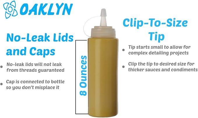 Oaklyn Squeeze Bottles 8oz 6 Pack - Reusable Condiment Bottles for Sauces Liquids BPA-Free Leak Proof Design, Easy to Clean Plastic Squeeze Bottles with Nozzle