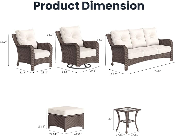 9 Pieces Outdoor Patio Furniture Sets with Rocking Swivel Chairs with 6-inch Thick Cushion and Side Table for Deck Lawn