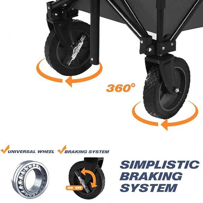 Chihee Folding Wagon Cart Garden Cart Heavy-Duty with 2 Cup Holders,Camp Cart for Gimballed Wheels with Braking System Large Capacity Removable Fabric,for Sporting Events,Camping,Beach Trips