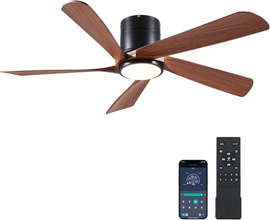 Flush Mount Ceiling Fans with Lights Low Profile - 54" Modern Ceiling Fan, 5 Blades, Reversible and Dimmable LED Light, Indoor Ceiling Fan Light for Bedroom, Covered Outdoor, Brown