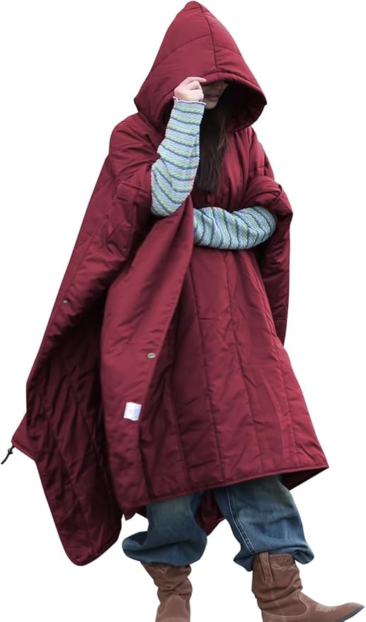 DUKUSEEK Outdoor Wearable Camping Blanket, Large Packable Backpacking Hooded Stadium Blankets, Lightweight Warm Quilt for Picnic, Hiking, Football, 79"X56", Wine Red