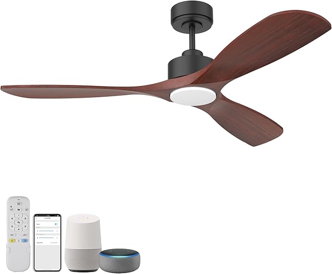 52” Wood Smart Ceiling Fans with Lights Remote,Quiet DC Motor,Outdoor Indoor Ceiling Fan,Voice Control via WIFI Alexa App,Dimmable,Modern Black Lighting& Ceiling Fan for Bedroom Patio Porch