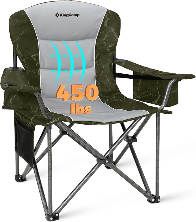 KingCamp Oversized Camping Folding Chair, Heavy Duty 450 LBS with Lumbar Support, Padded seat with Cup Holder&Cooler Bag, Ideal for Camp, Fishing, Sports Event, Backyard, Patio, Lawn (Lava Green)