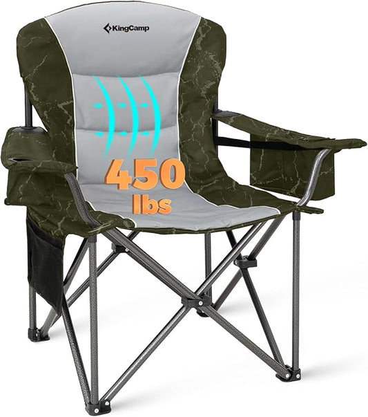 KingCamp Oversized Camping Folding Chair, Heavy Duty 450 LBS with Lumbar Support, Padded seat with Cup Holder&Cooler Bag, Ideal for Camp, Fishing, Sports Event, Backyard, Patio, Lawn (Lava Green)