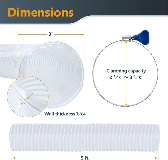 POWERTEC 3" x 5' PVC Flexible Dust Collection Hose with 2pcs Stainless Steel Key Hose Clamps for Table Saw, Planer, CNC Machine, Radial Arm Saw, Woodworking & Wood Shop Dust Collection System (70392)