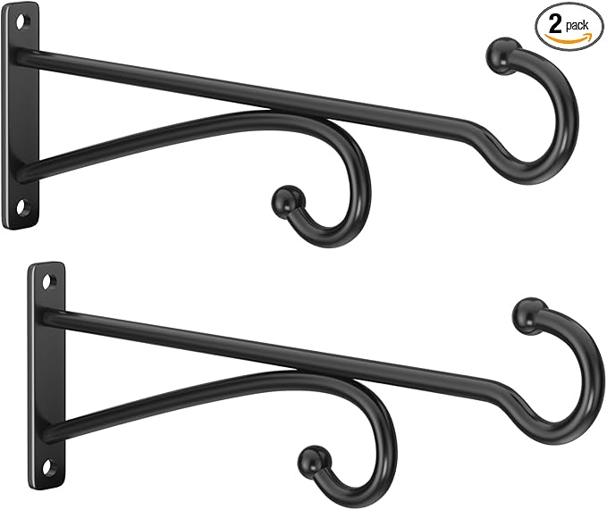 10" Plant Hanger Hook Outdoor Indoor ??Planter Hooks for Hanging Plants, Plant Wall Hooks, Brackets for Hanging Plants, Baskets, Wind Chimes, Bird Feeders, Lanterns, Bird Houses (Black, Metal, 2-Pack)