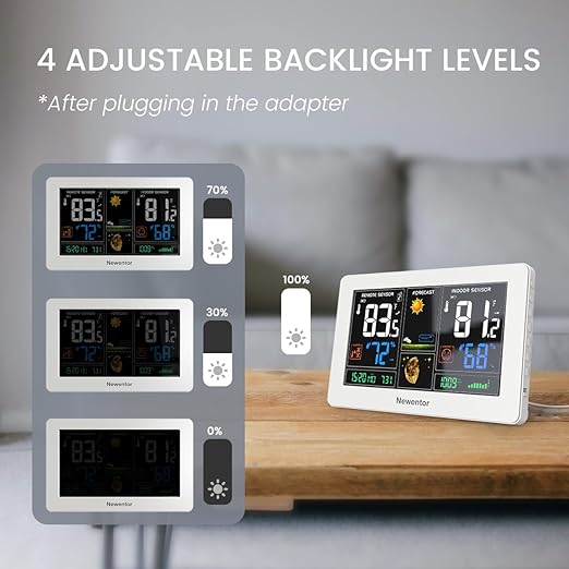 Newentor Weather Station Wireless Indoor Outdoor Thermometer, Color Display Digital Weather Thermometer with Atomic Clock, Barometric Pressure, Forecast Station with Adjustable Backlight,White,2Sensor