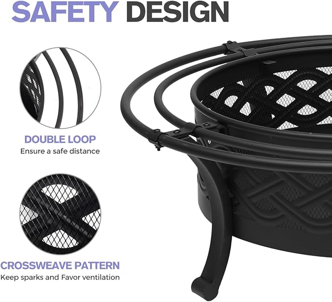 36 Inch Fire Pit with 2 Loops,Crossweave Wood Burning Fire Pits for Outside,with Spark Screen,Fire Poker,Round Outdoor Firepit for Patio,Yard,Garden,Camping,Bonfire(36''Black)