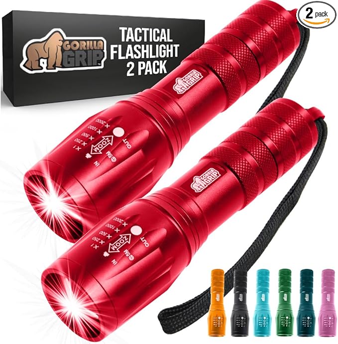 GORILLA GRIP Powerful LED Tactical Flashlight, 750 FT High Lumens 5 Adjustable Modes, Water Resistant, Ultra Bright Zoom Flashlights, Small Mini Flash Light, Camping, Night Dog Walking, 2 Pack Red