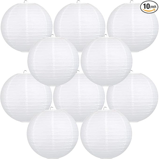 10Pcs 16 Inch Round Paper Lanterns for Home Decor, Restaurant, Church, Wedding, Birthday Party Decorations, Hanging Chinese Japanese Paper Lantern Lamps (White)