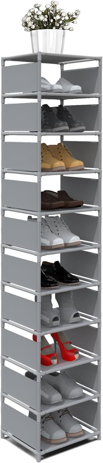 Vertical Shoe Rack, 10 Tier Grey Narrow Shoe Organizer for Closet Entryway, Tall Slim Shoe Tower for Small Spaces, Space Saving Corner Shoe Shelf