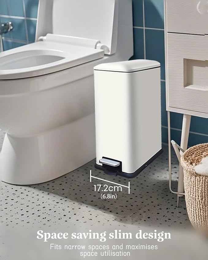 Trash Can with Lid, 10 L Bathroom Waste Bin, Small Pedal Bin, Stainless Steel Garbage Can for Bathroom, Bedroom and Office, White
