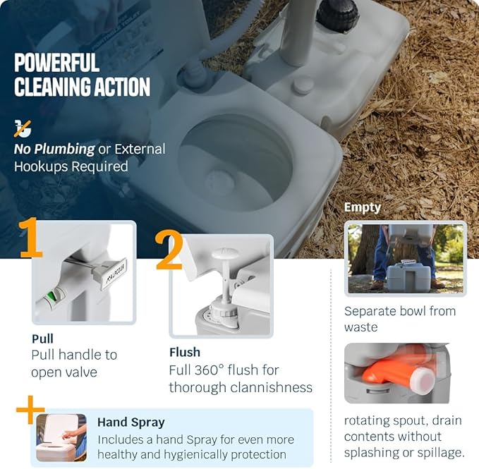 Alpcour Portable Toilet – Compact Indoor & Outdoor Commode w/Travel Bag for Camping, RV, Boat – Piston Pump Flush, 6 Gallon Waste Tank, Built-In Pour Spout & Washing Sprayer for Easy Cleaning
