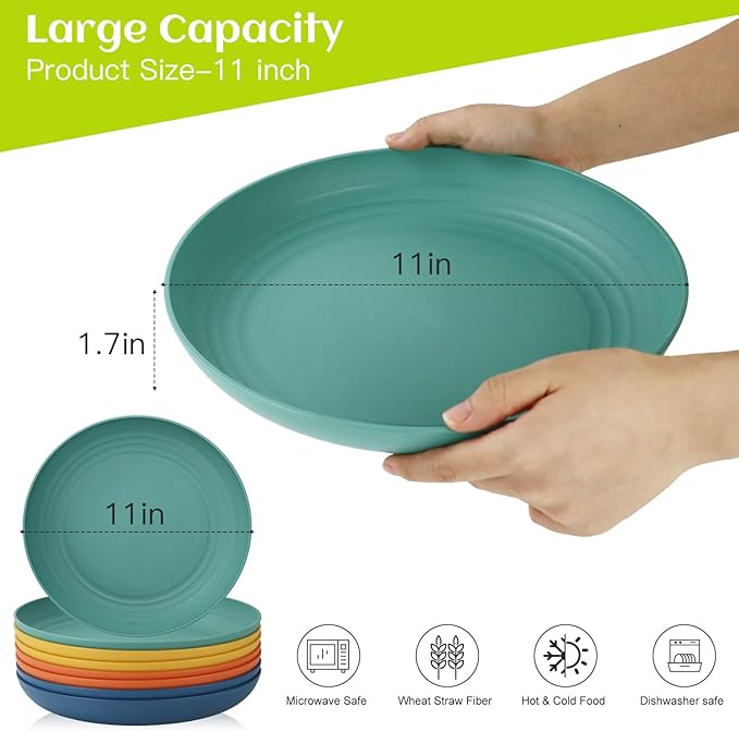 Homienly Deep Dinner Plates Set of 8 Alternative for Plastic Microwave and Dishwasher Safe Wheat Straw Kitchen Unbreakable Kids with 4 Colors (Colorful, 11 inch) (Deep plates-8)