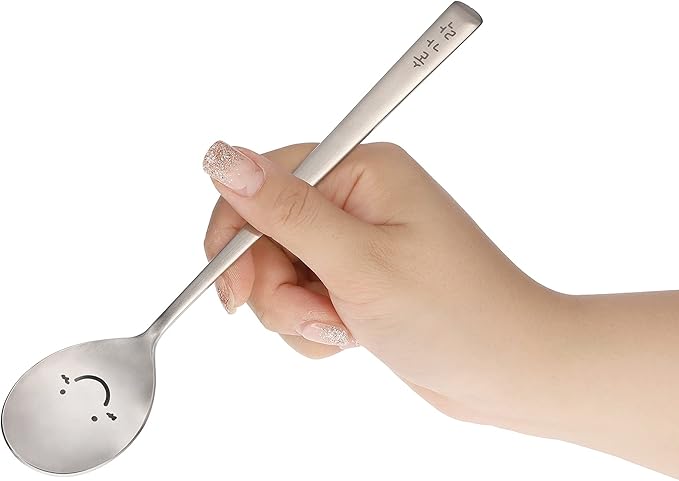 Korean Utensils Chopsticks and Spoon Set Reusable Long Handle Stainless Steel Good for Gift Happy Face & Hangul Characters Engraved Silver
