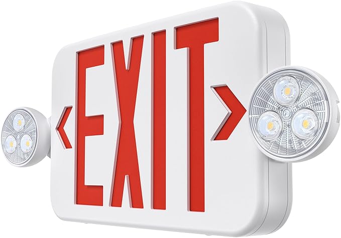 Emergency Sign Combo with Battery Backup, Double Sided Hardwired 6 LED Exit Sign, Adjustable Head Red Emergency Exit Light - Ceiling/Wall Mount, UL Listed, AC 120/277V (1 Pack)