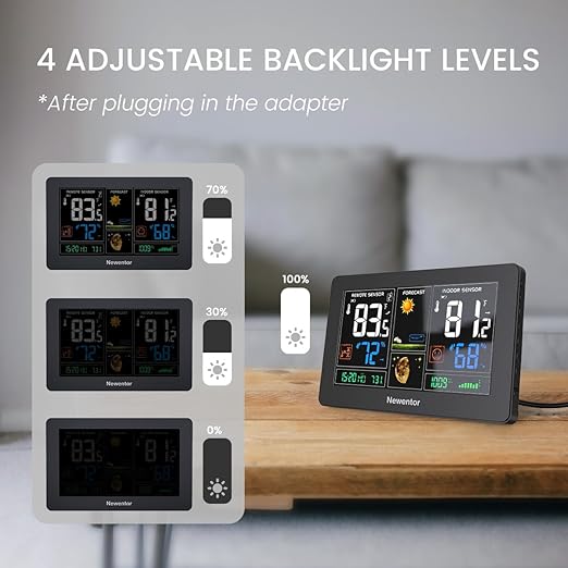 Newentor Weather Station Wireless Indoor Outdoor Thermometer, Color Display Digital Weather Thermometer with Atomic Clock, Barometric Pressure, Forecast Station with Adjustable Backlight,Black,2Sensor