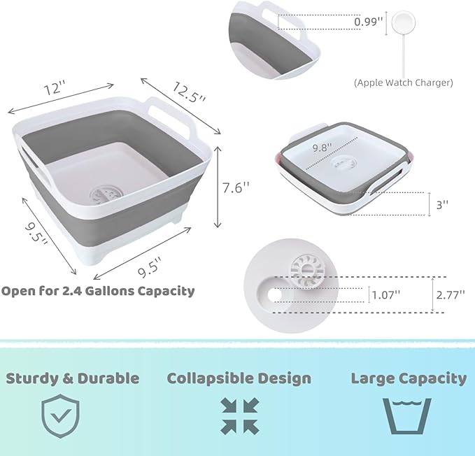 Collapsible Wash Basin for Baby Bottles - 2.4 Gallons Portable Wash Bin for RV Camping Sink, Space-Saving Dish Tub (Gray)