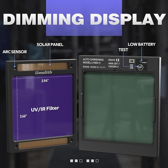 3.93"X3.66" Auto Darkening Welding Helmet with Light, 1/1/1/1 Top Optical Clarity, 4 Arc Sensor Wide Shade 4/5-9/9-13 for TIG MIG STICK CUT Welding Hood Welder Mask