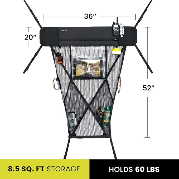 LUNO Ceiling Cargo Net - Car Roof Storage w/Multiple Pockets, Hangout Loops & Tab Pocket for Long Road Trip & Camping - 36" x 52" Car Camping Essentials Organizer for SUV - XL