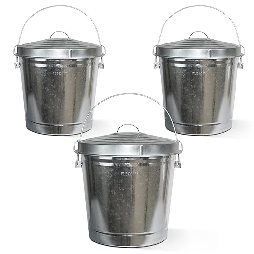 Plexon Metal Trash Can with Locking Lid Outdoor Storage Bucket for Bird Seed Ash Galvanized Steel 10-Gallon 3 Pack